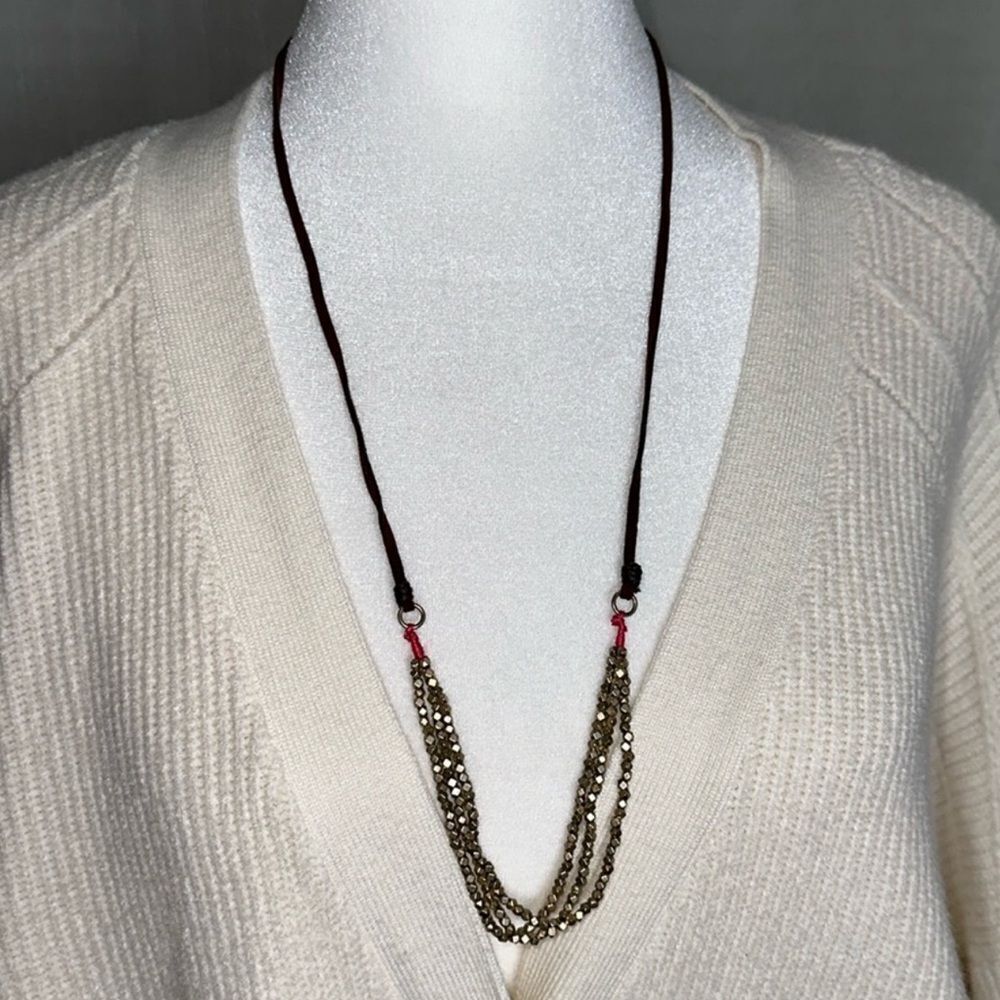 AE Brown Leather Gold Tone Triple Strand Fuchsia Western Boho Necklace